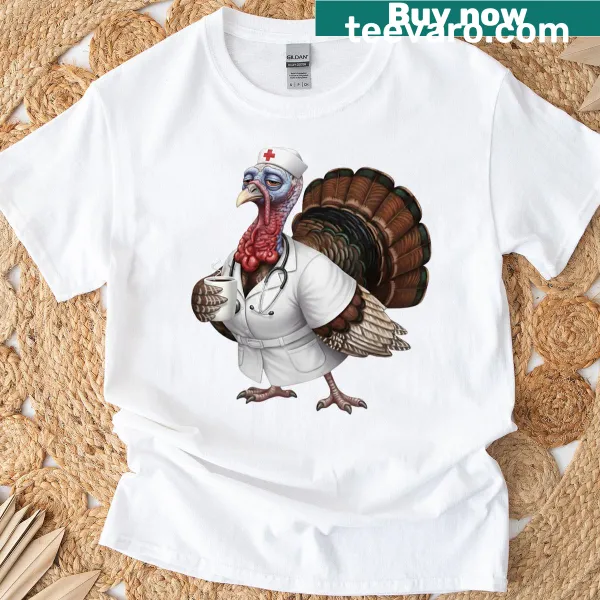 Humorous turkey graphic with coffee for nurses at Thanksgiving