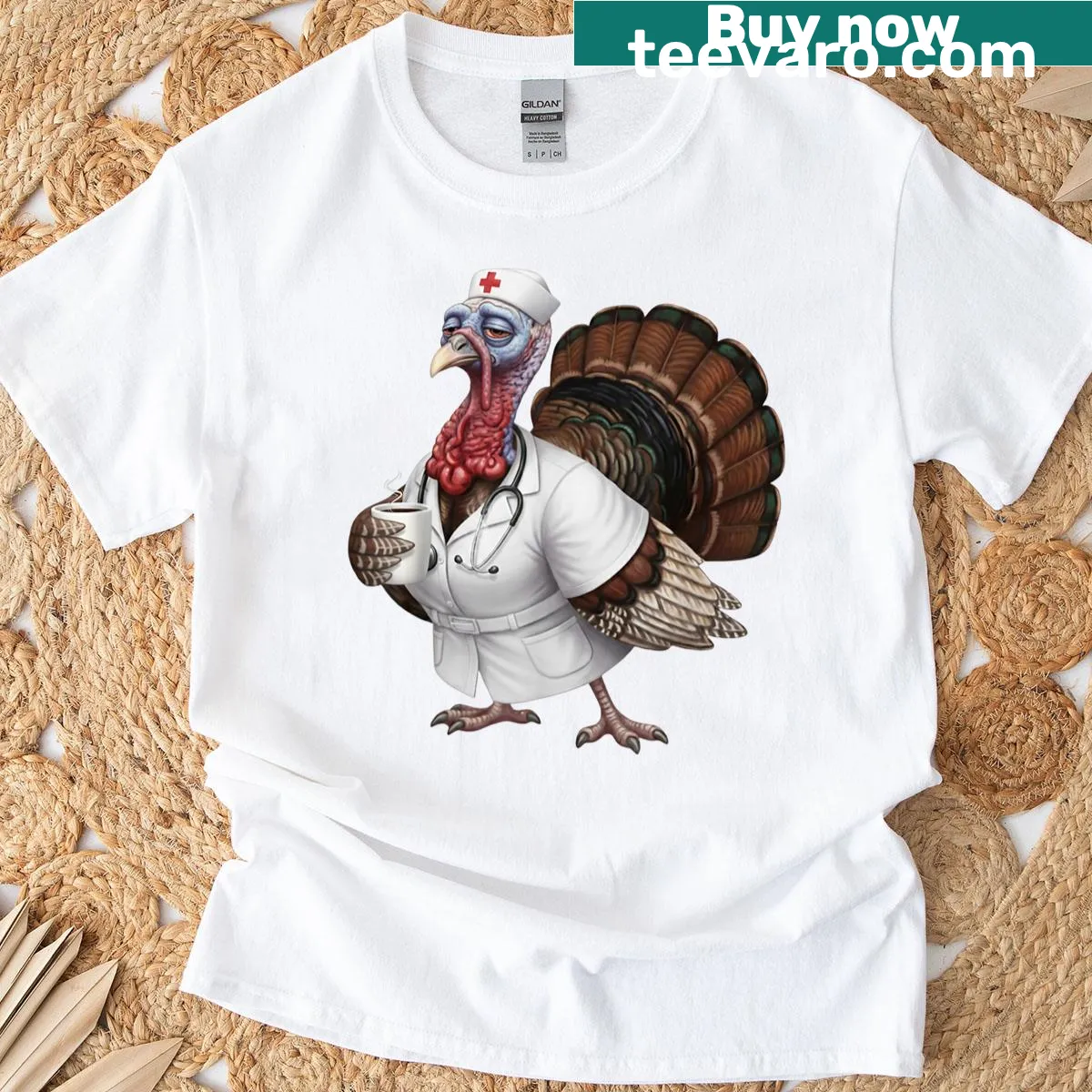 Humorous turkey graphic with coffee for nurses at Thanksgiving — on a men's t-shirt