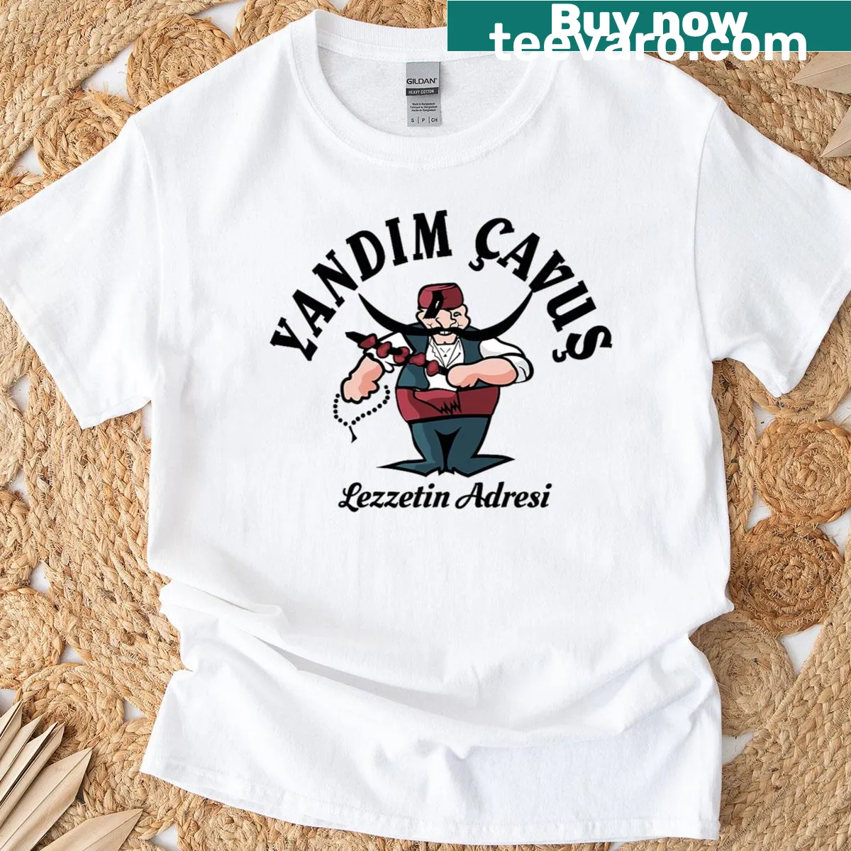 Cartoon-style T-shirt featuring a kebab restaurant graphic — on a men's t-shirt
