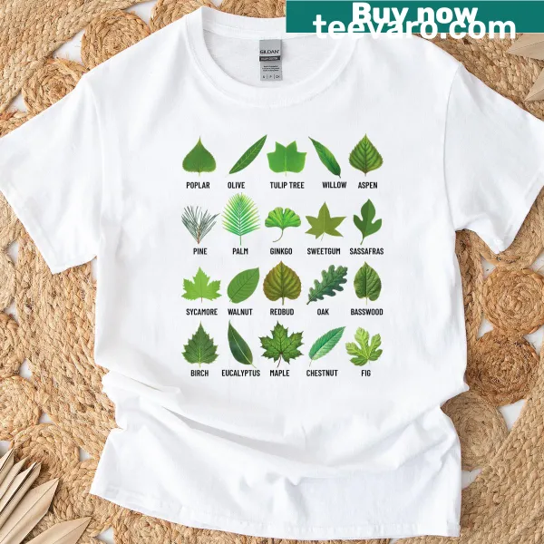 Educational T-shirt featuring various types of tree leaves