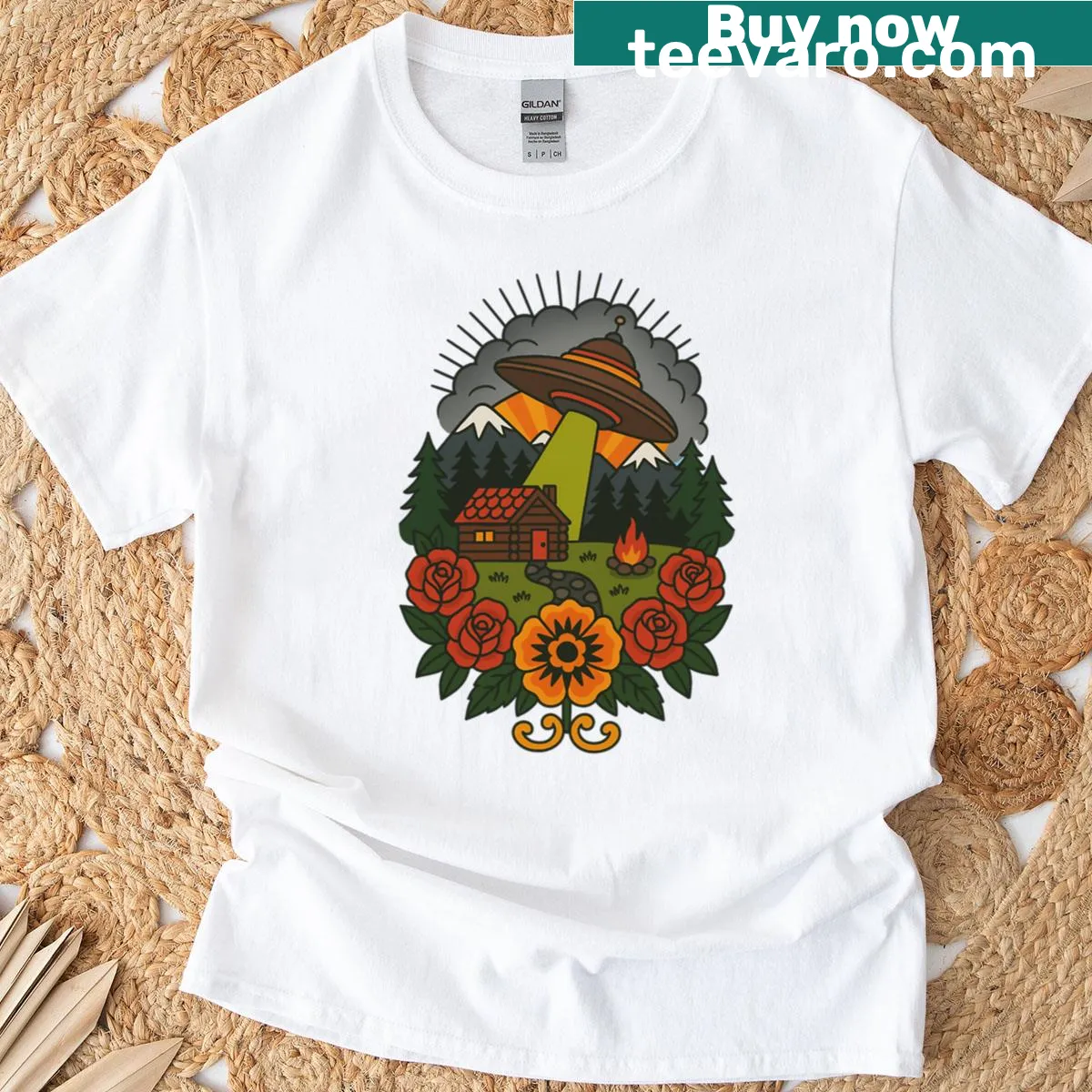 Vintage-style UFO cabin tattoo T-shirt featuring alien art — on a men's t-shirt