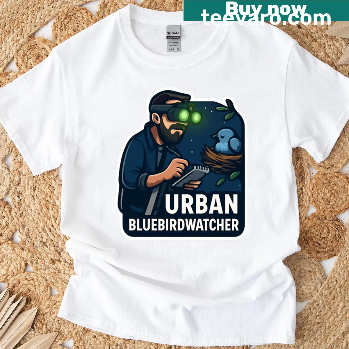 T-shirt featuring an illustration of a bluebirdwatcher with night vision — on a men's t-shirt