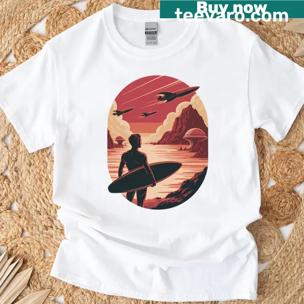 Illustration of a vacation scene on Mars for a playful t-shirt