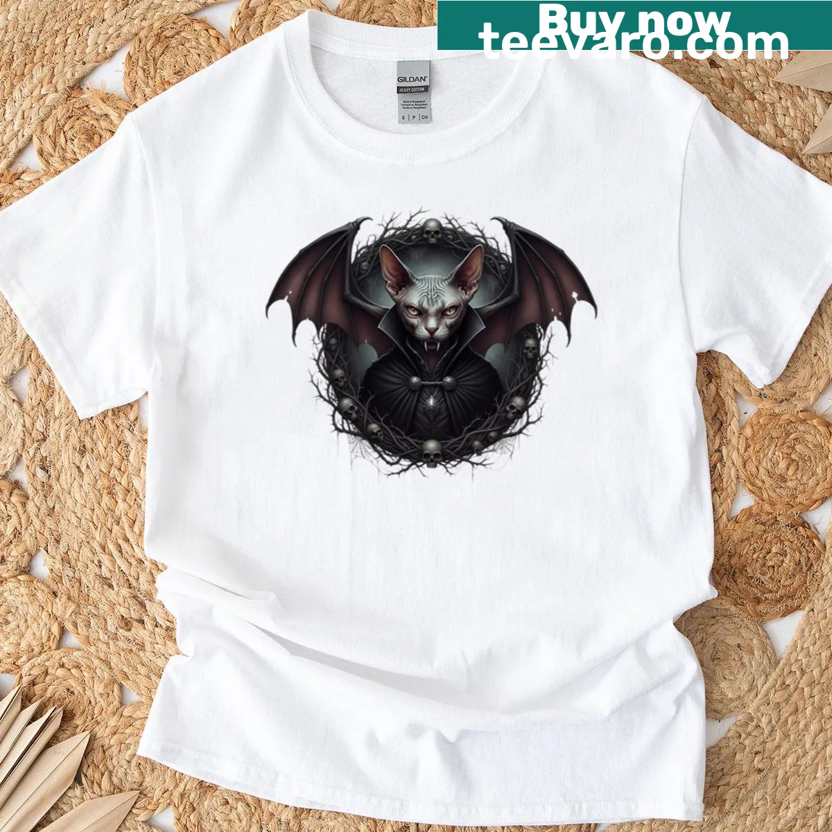 Vampire cat lord design on a stylish t-shirt — on a men's t-shirt