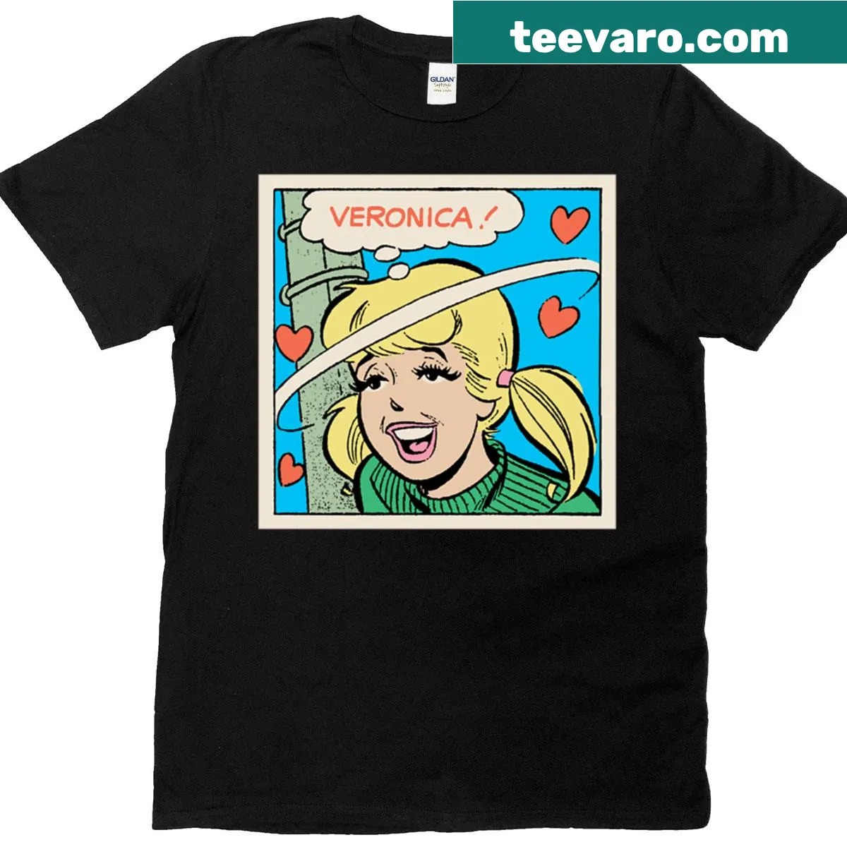 Retro comic-style T-shirt featuring a puppy love parody of Veronica. — on a men's t-shirt