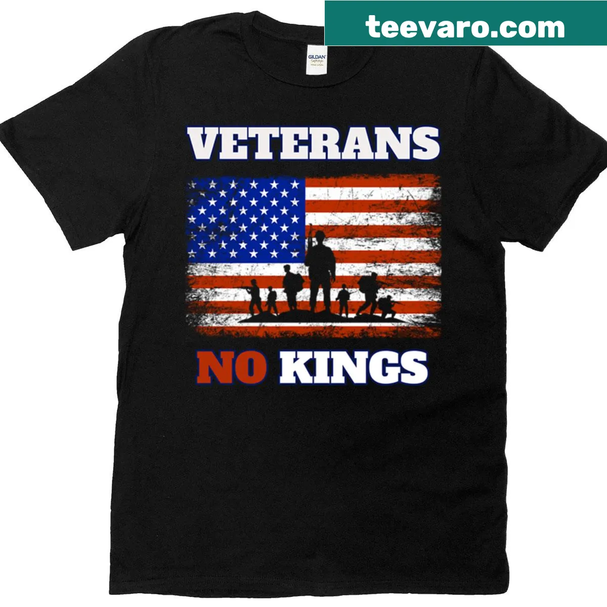 USA flag T-shirt with 'No Kings' text for veterans — on a men's t-shirt