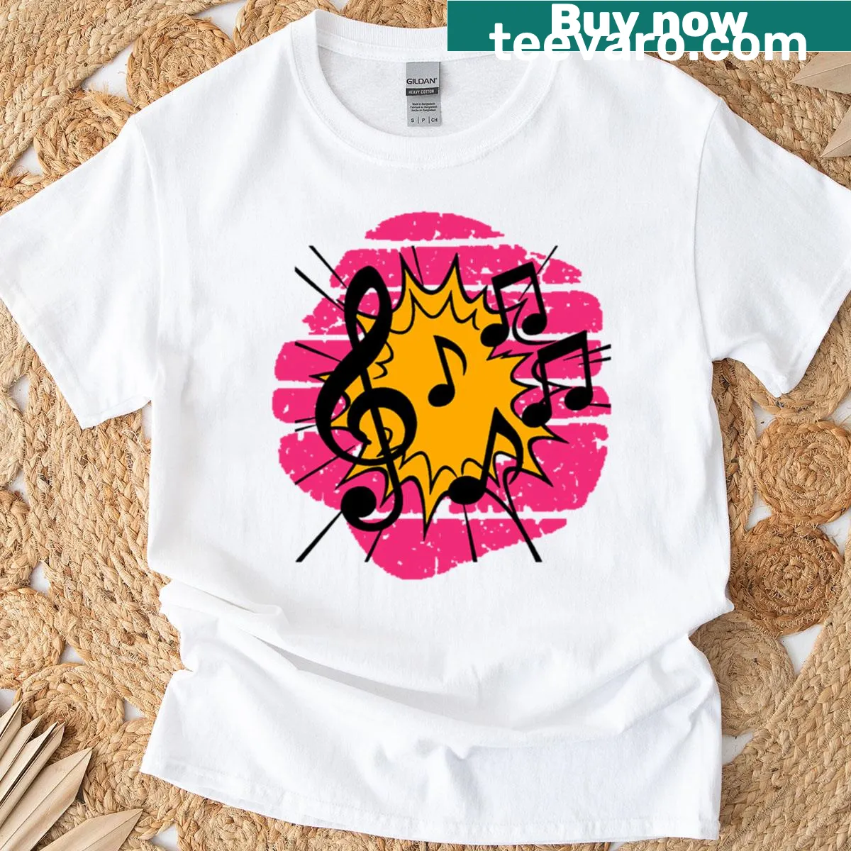 Musical notes graphic on a red and orange background for music lovers — on a men's t-shirt