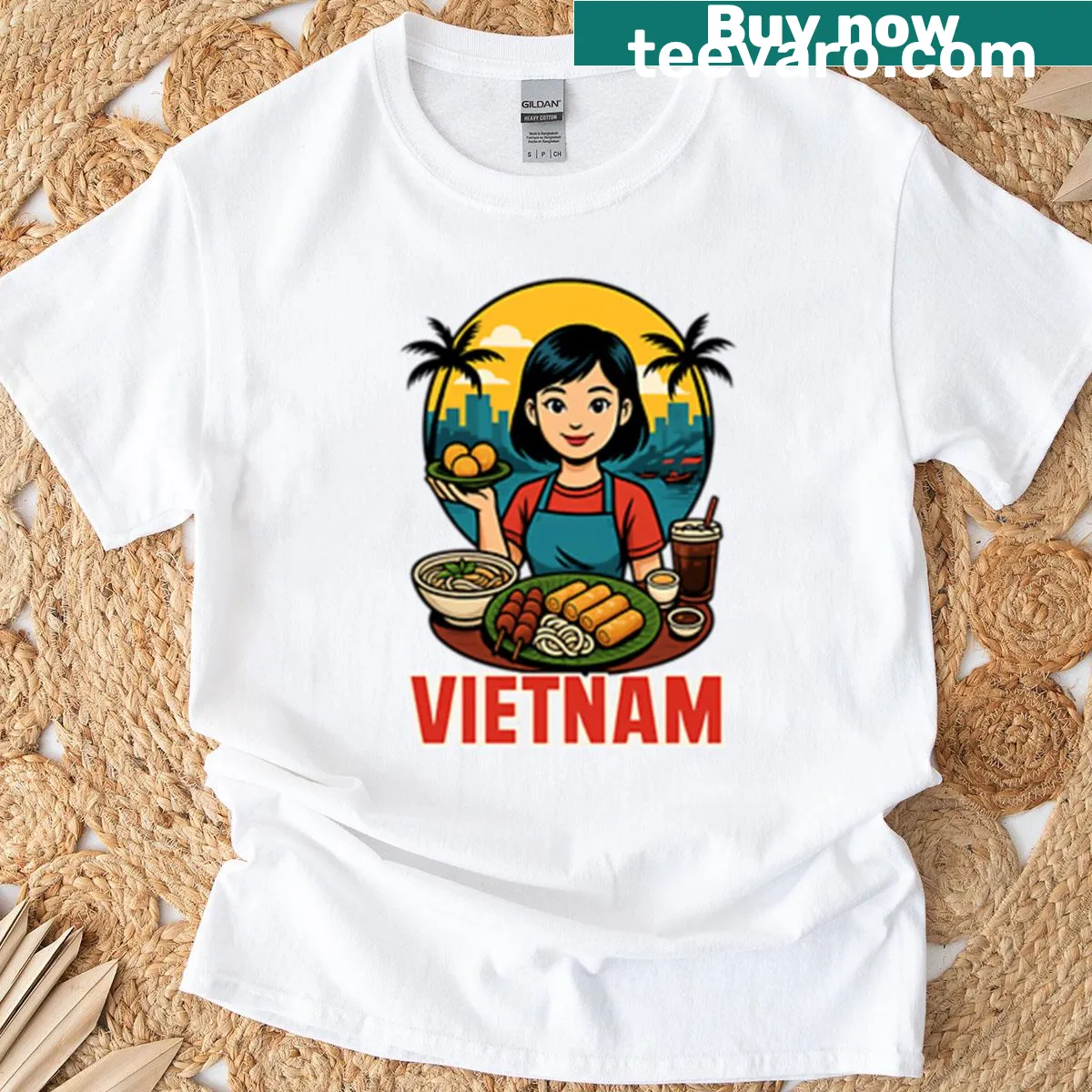 Retro travel poster graphic depicting Vietnam street food — on a men's t-shirt