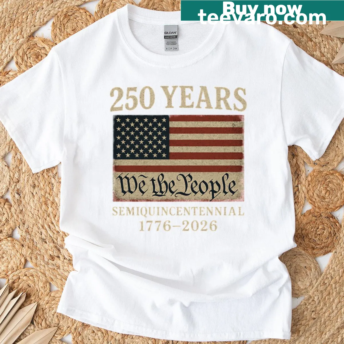 Vintage American flag design with 250 years celebration text — on a men's t-shirt