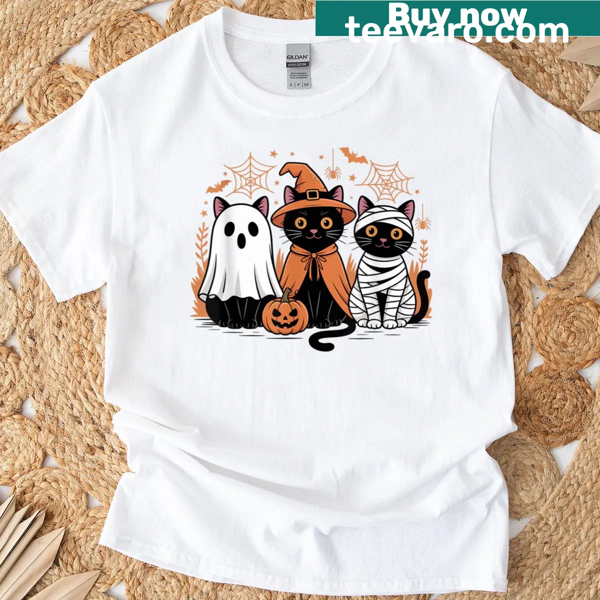 Vintage black cat, witch, and pumpkin graphic for Halloween — on a men's t-shirt