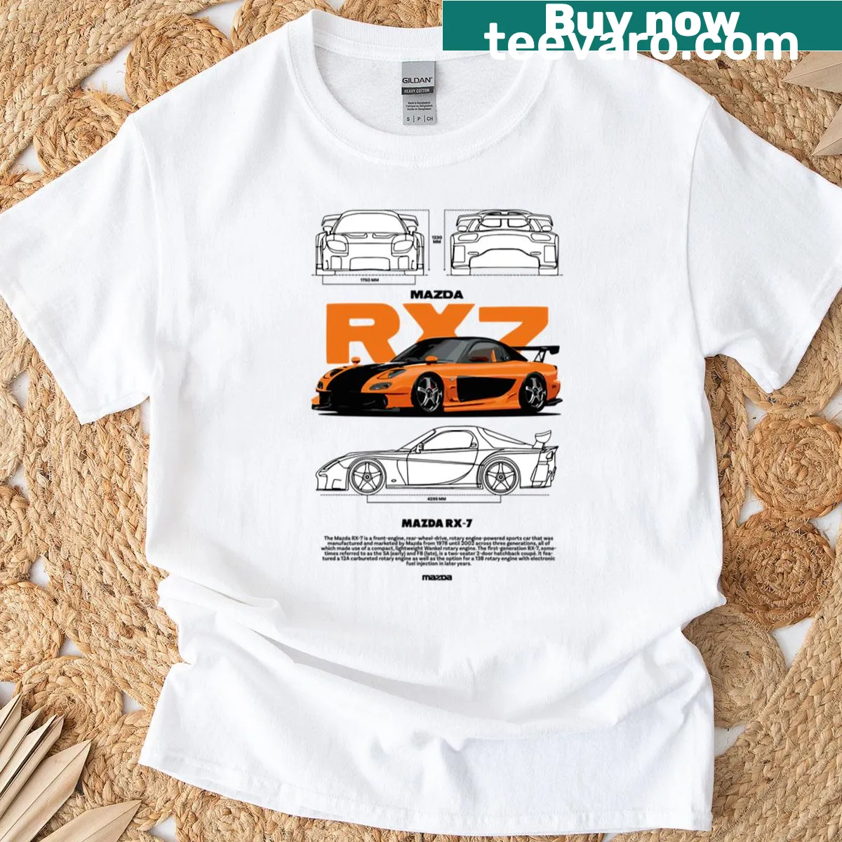 Vintage illustration of a Mazda RX-7 on a T-shirt — on a men's t-shirt