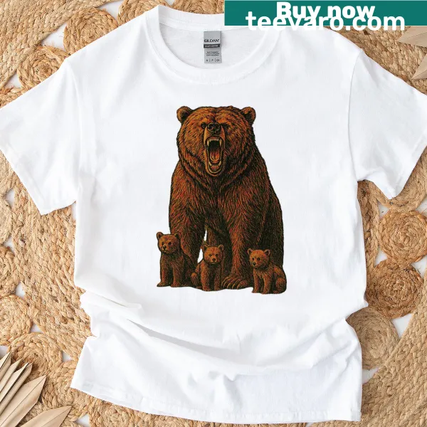 Vintage comic-style T-shirt featuring a roaring mama grizzly and cubs
