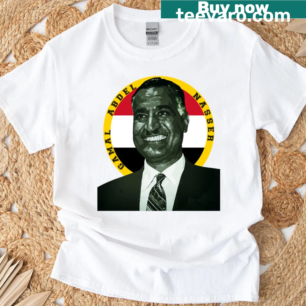 Vintage T-shirt featuring a portrait of Gamal Abdel Nasser — on a men's t-shirt