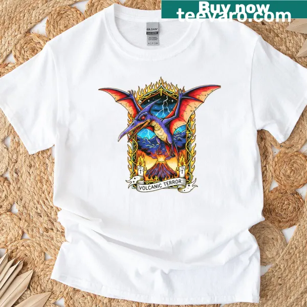 Retro graphic of a pterodactyl with volcanic elements