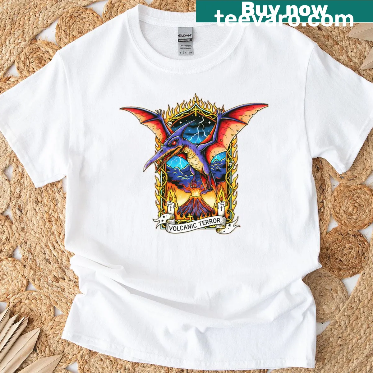 Retro graphic of a pterodactyl with volcanic elements — on a men's t-shirt