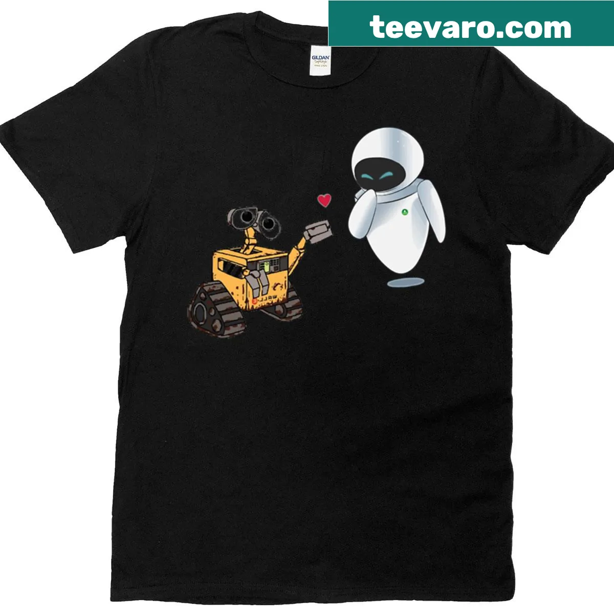 Cartoon design of Wall-E and Eve from animated story — on a men's t-shirt