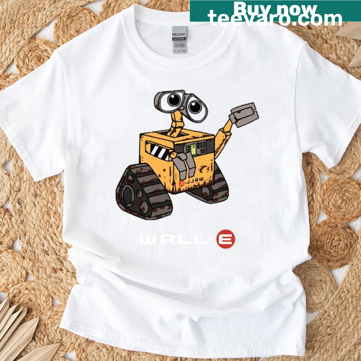 Cartoon-style T-shirt featuring Wall E and robotic theme — on a men's t-shirt