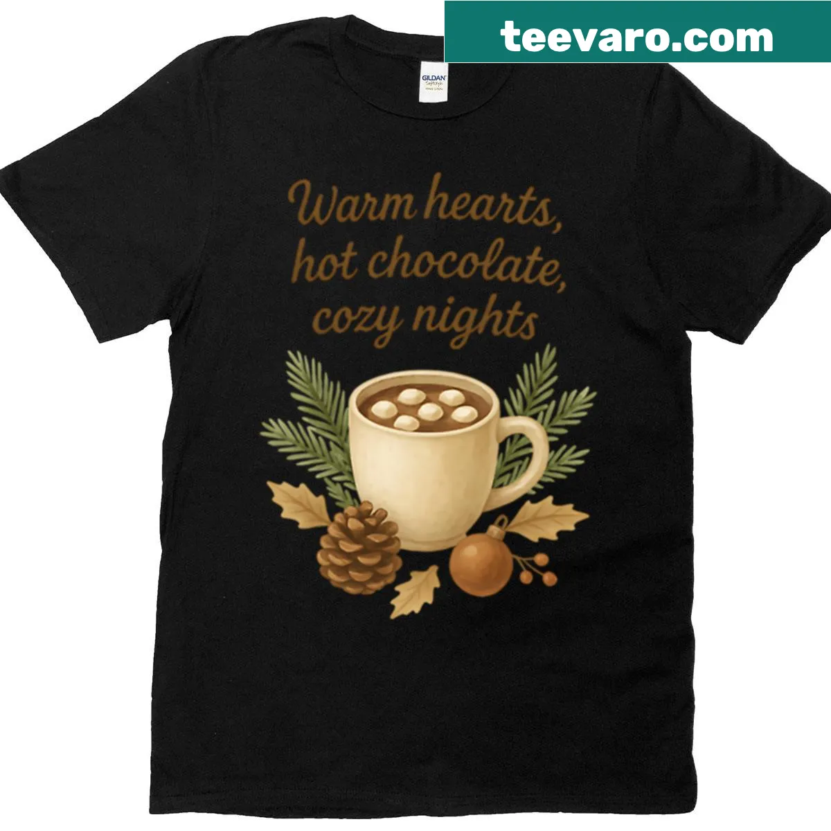Vintage winter T-shirt with 'Warm Hearts Hot Chocolate' text — on a men's t-shirt