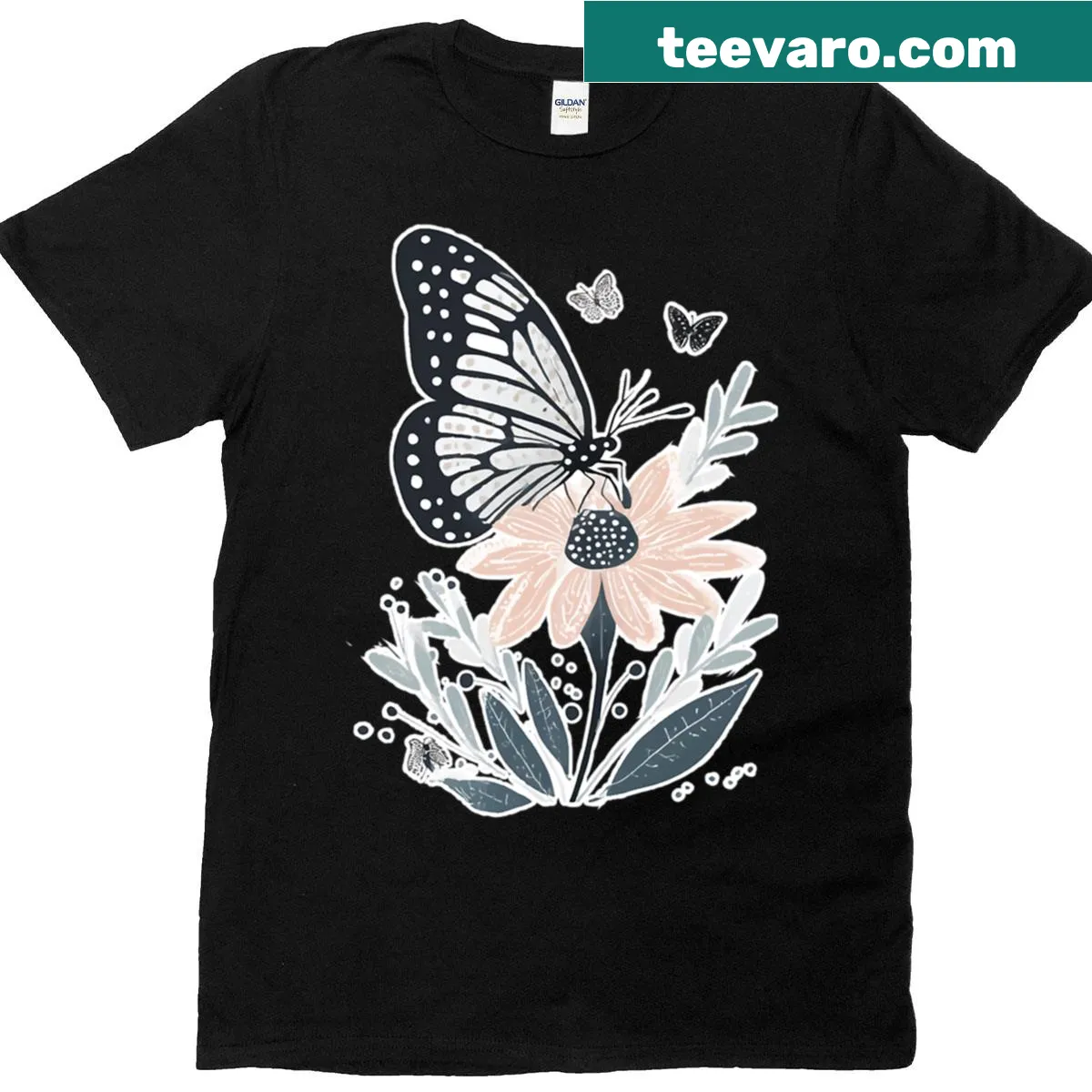 Watercolor butterfly resting on a flower design T-shirt — on a men's t-shirt