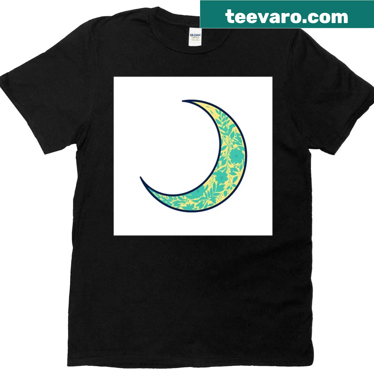 Whimsical crescent moon with floral design on a t-shirt — on a men's t-shirt