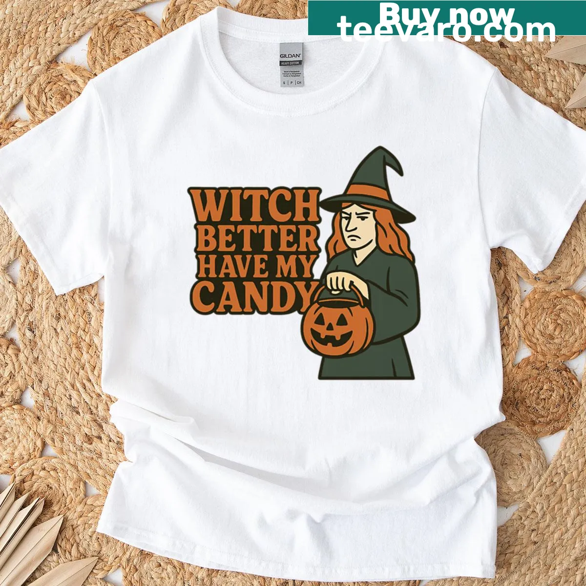 Funny Halloween T-shirt with 'Witch Better Have My Candy' text — on a men's t-shirt