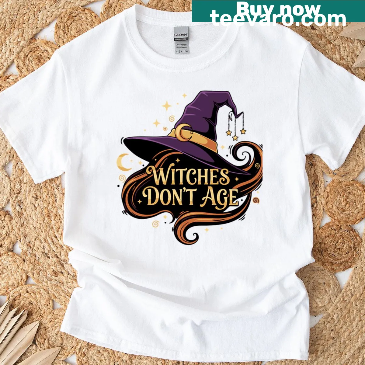 Retro T-shirt with a whimsical witch hat and 'Witches Don't Age' text — on a men's t-shirt