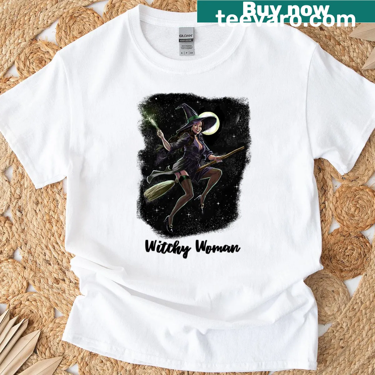 Illustration of a witch riding a broom on a Halloween T-shirt — on a men's t-shirt