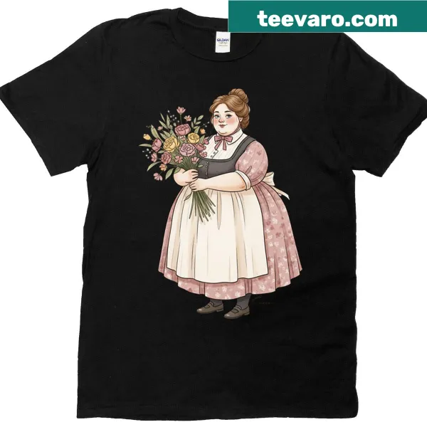 Illustrated oversized shirt with a woman holding a bouquet of roses