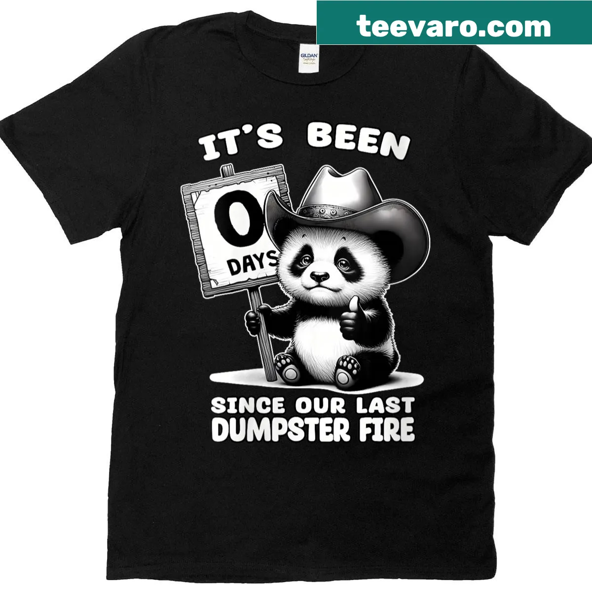 Funny panda graphic with '0 Days Since Last Dumpster Fire' text on T-shirt — on a men's t-shirt