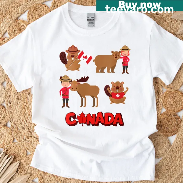 Kids T-shirt with Canadian flag, mounted police, and beaver graphics