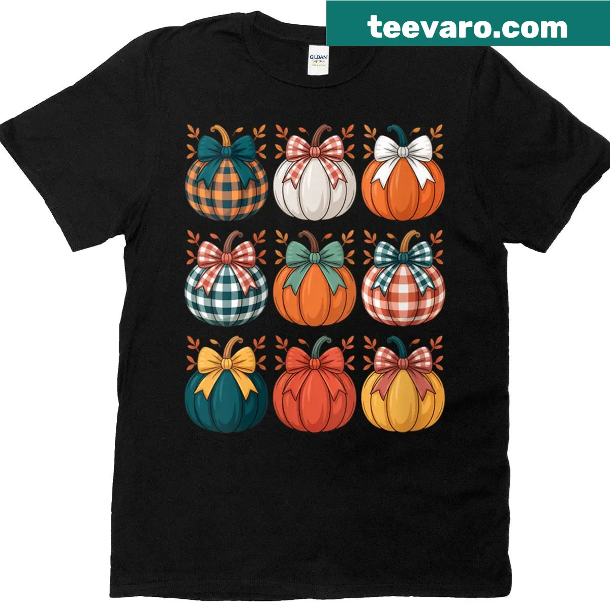 Cute autumn-themed t-shirt with a pumpkin and bow illustration — on a men's t-shirt