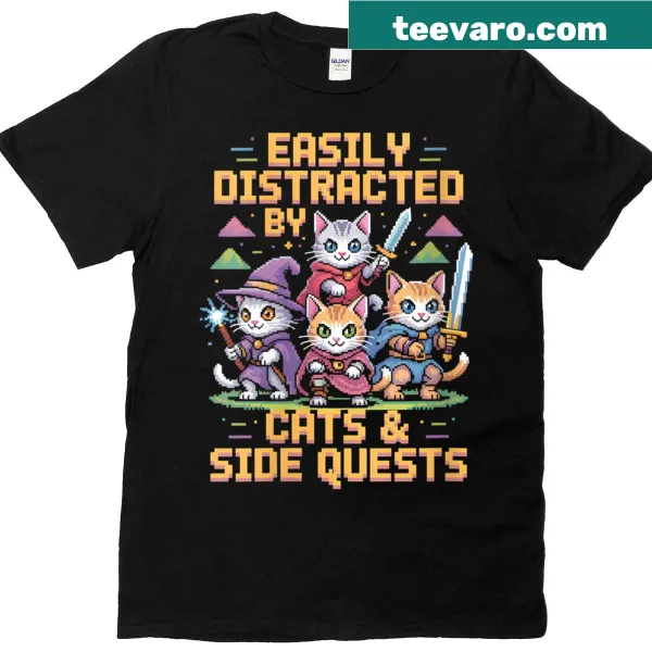 Funny gamer t-shirt featuring 'Easily Distracted By Cats' text