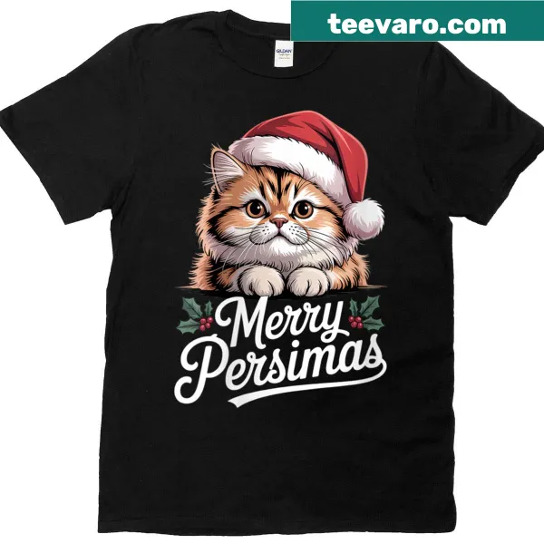 Funny Christmas T-shirt with a Persian cat in a Santa hat and lights