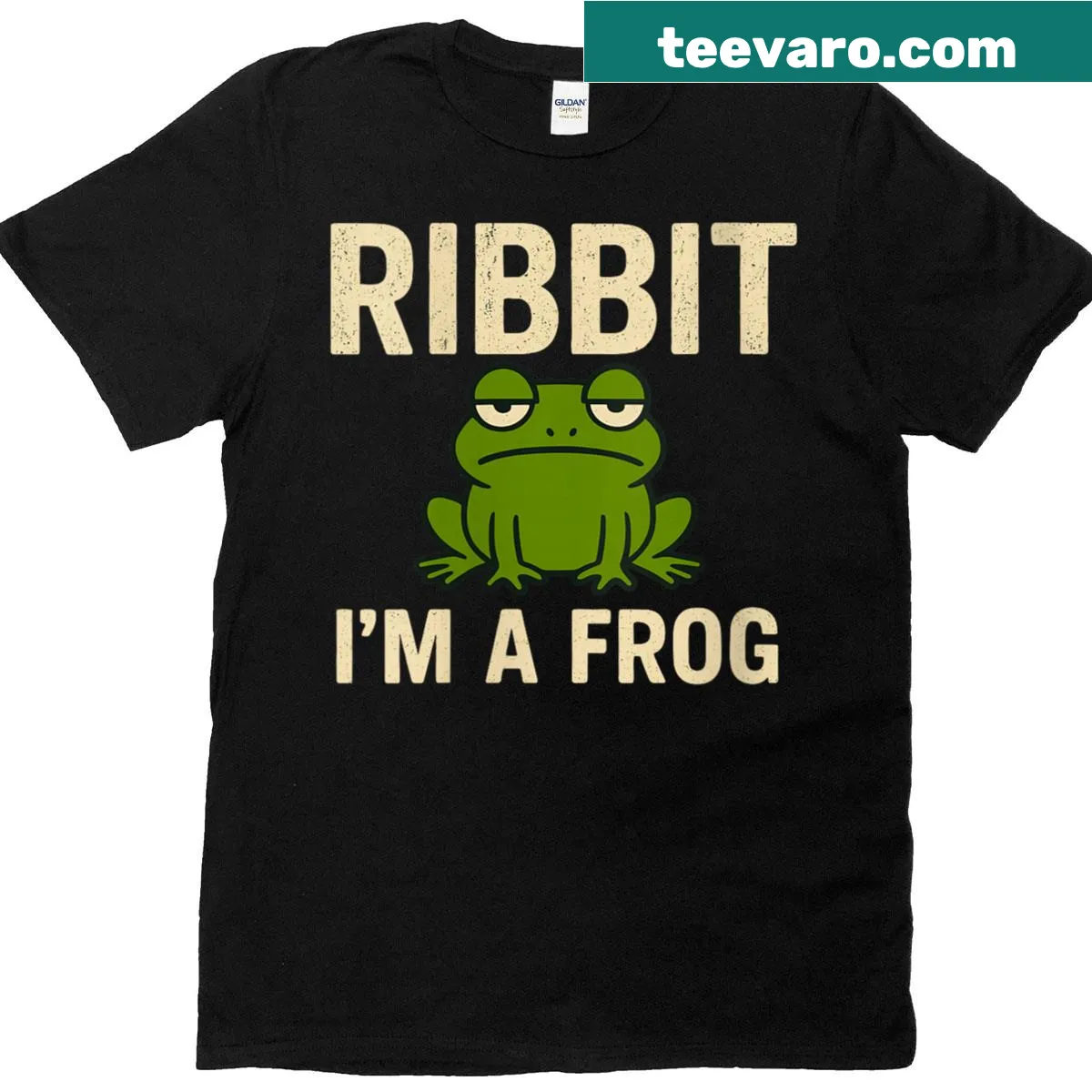 Cartoon frog with text 'Ribbit, I'm a Frog!' on T-shirt — on a men's t-shirt