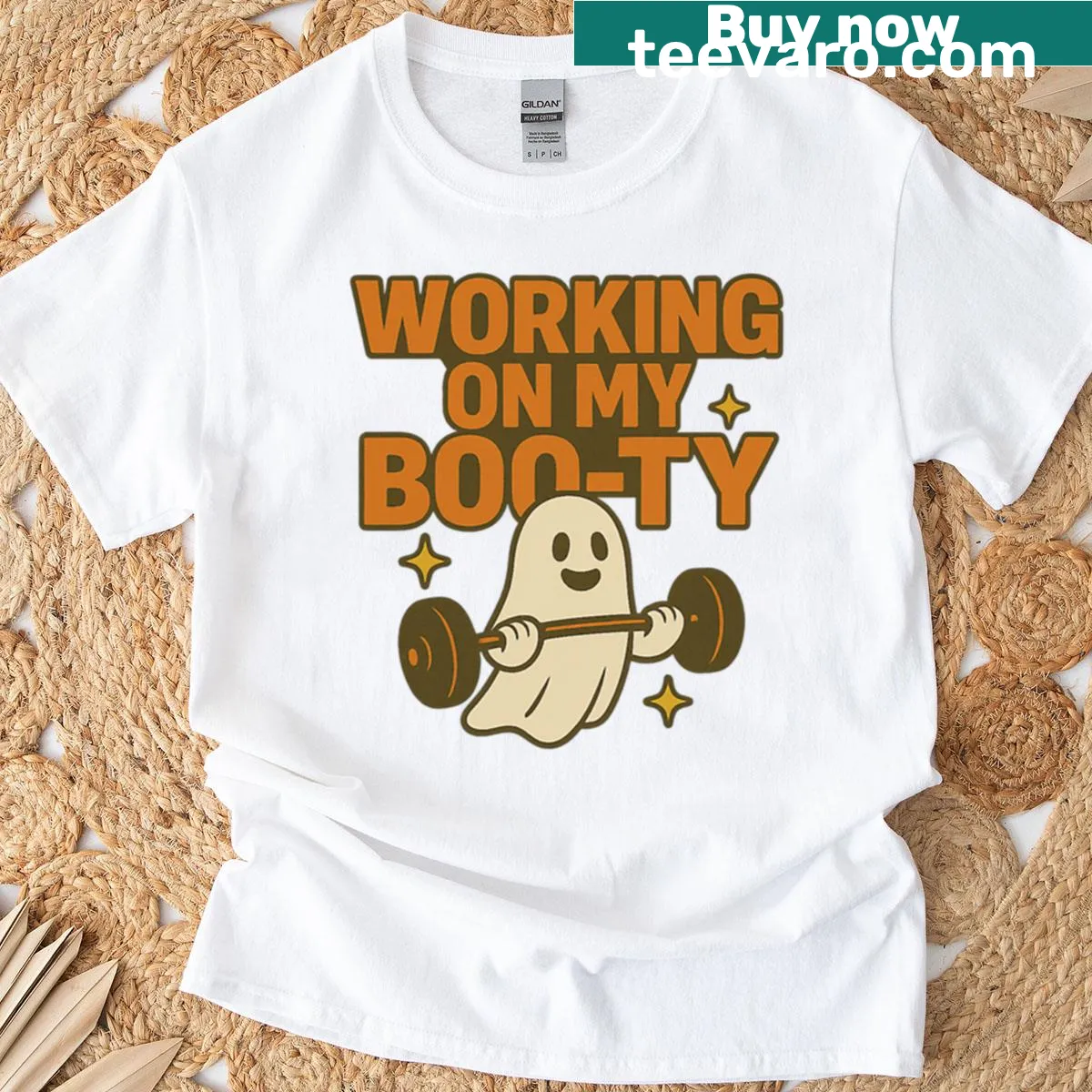 Funny ghost graphic with 'Working On My Boo-ty' text for Halloween — on a men's t-shirt