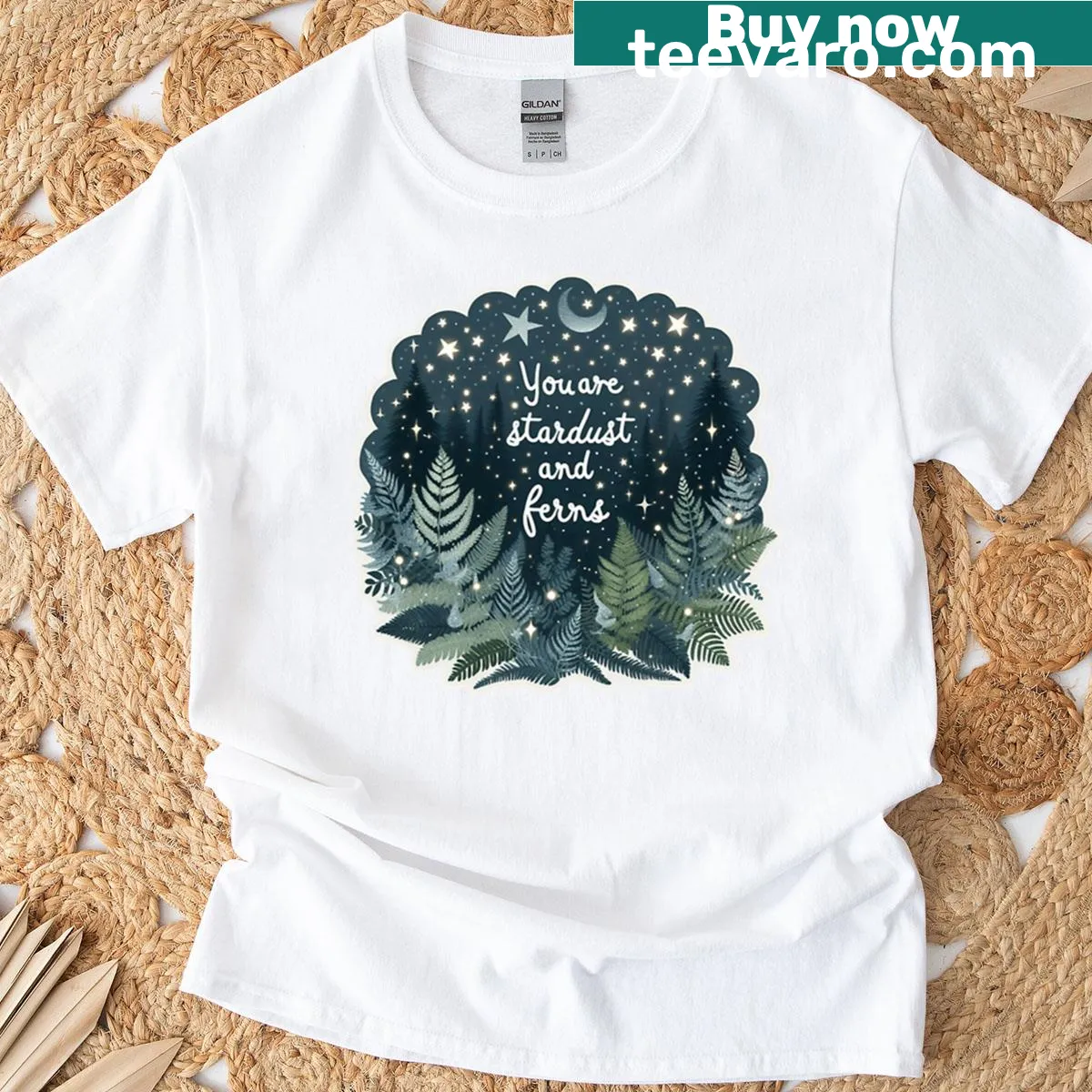 Inspirational T-shirt with the phrase 'You Are Stardust And Ferns' — on a men's t-shirt