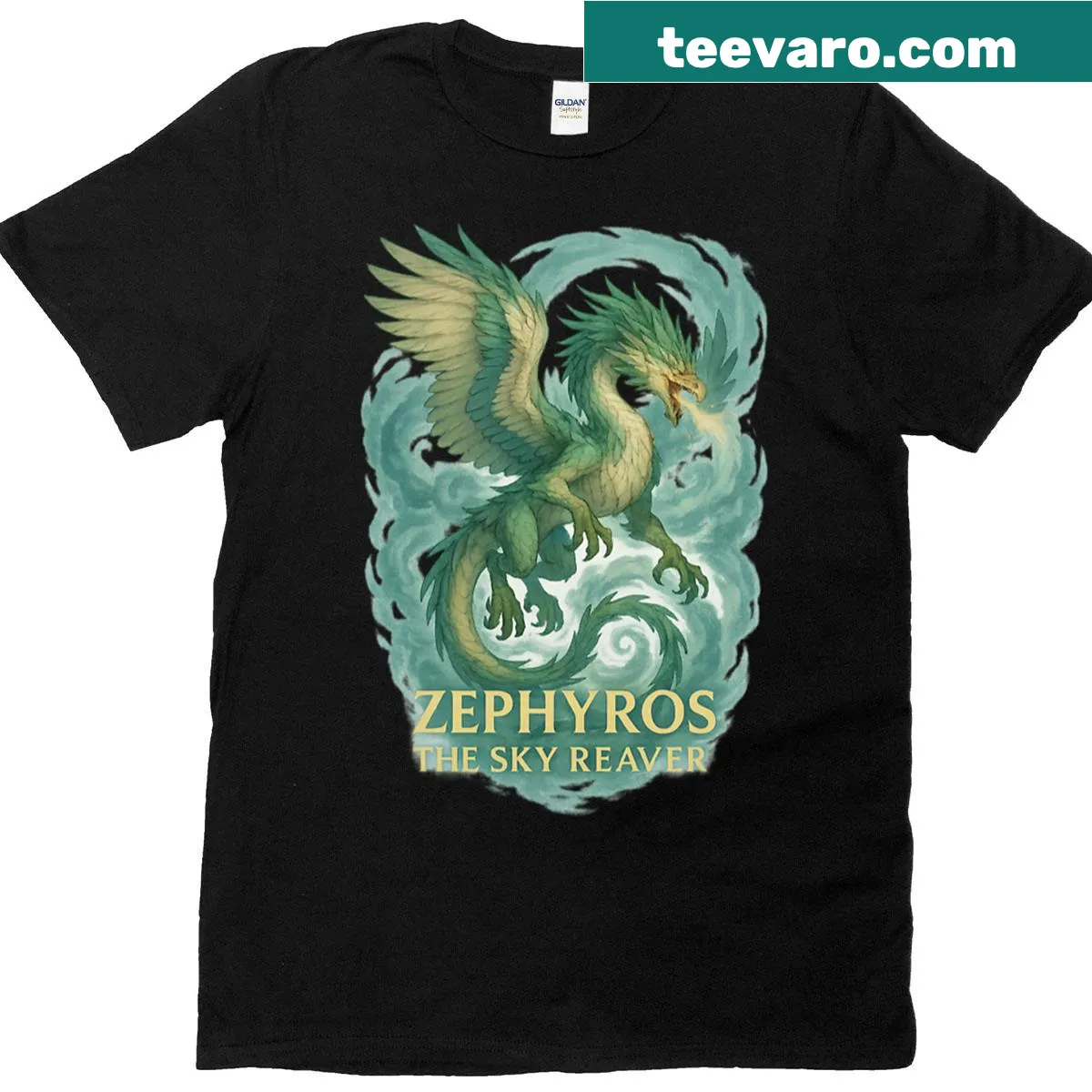 Anime-style wind dragon design featuring Zephyros the Sky Reaver — on a men's t-shirt