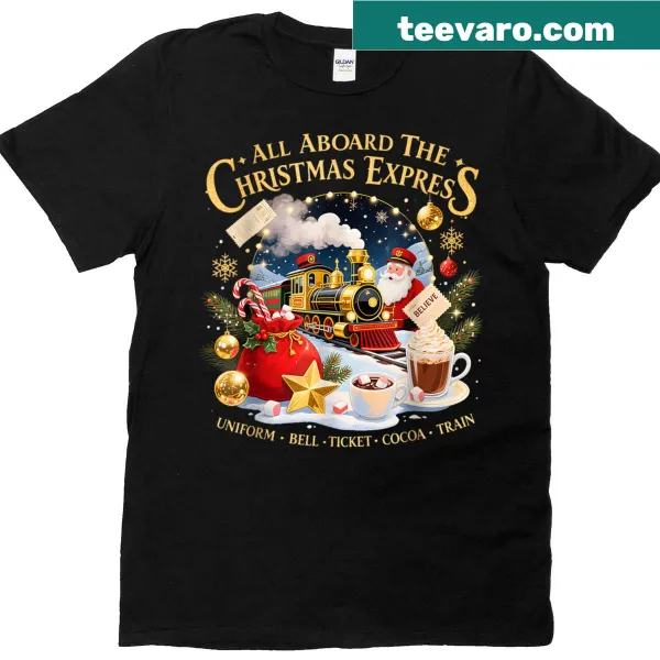 Santa holiday t-shirt featuring a Christmas express train illustration