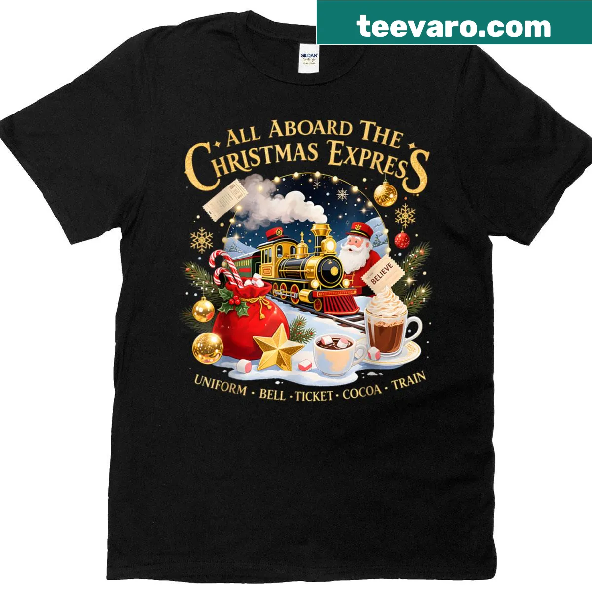 Santa holiday t-shirt featuring a Christmas express train illustration — on a men's t-shirt