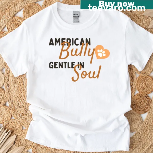 T-shirt featuring an illustration of an American Bully with a gentle demeanor