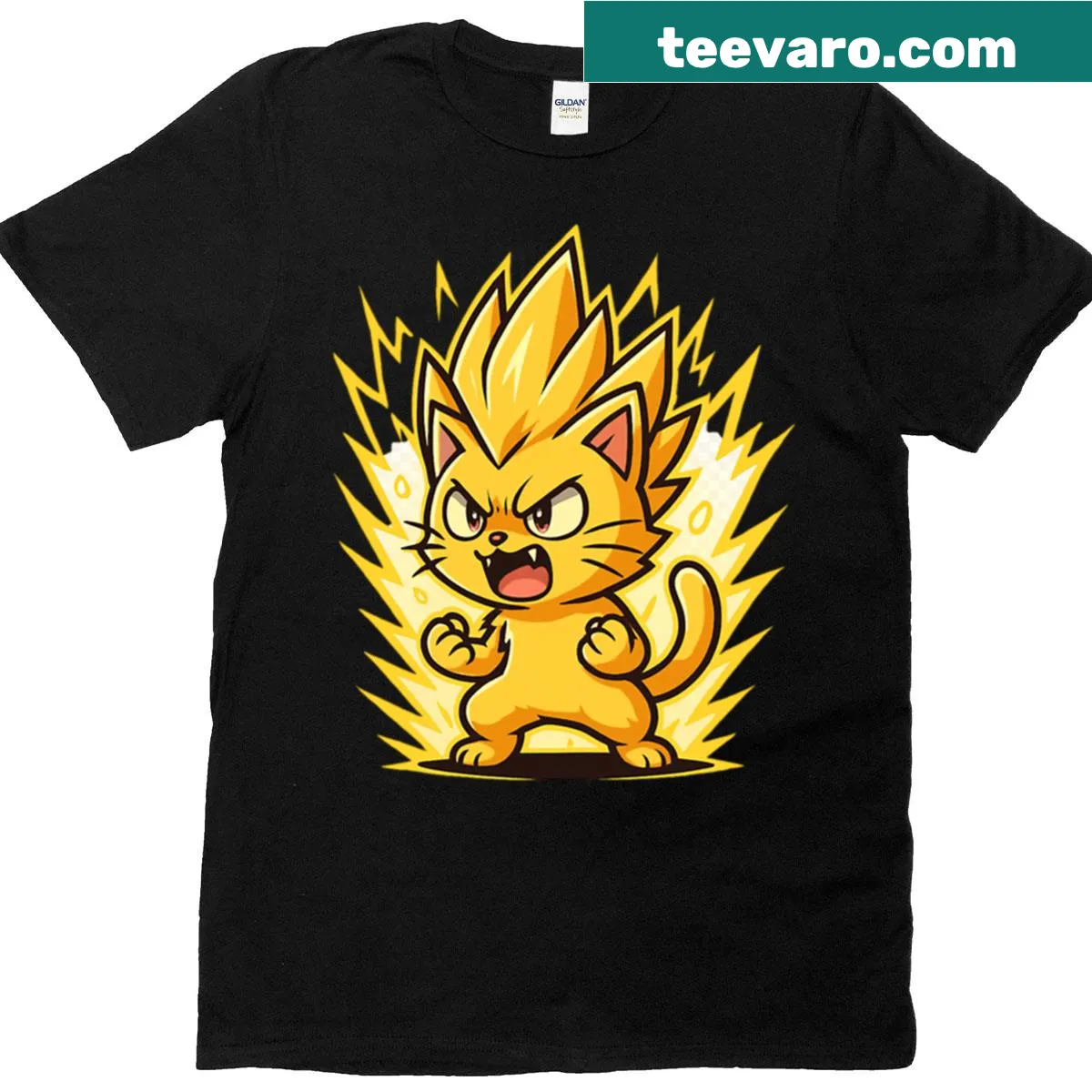 Chibi-style t-shirt featuring an angry cat graphic — on a men's t-shirt