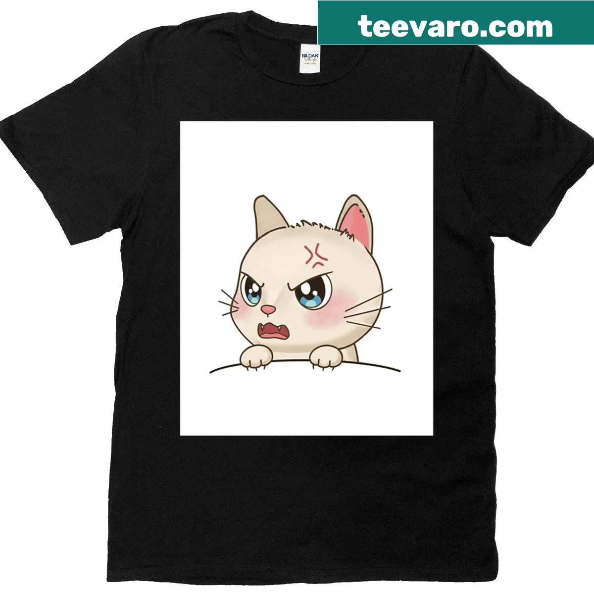 Angry cat graphic t-shirt on a white background — on a men's t-shirt