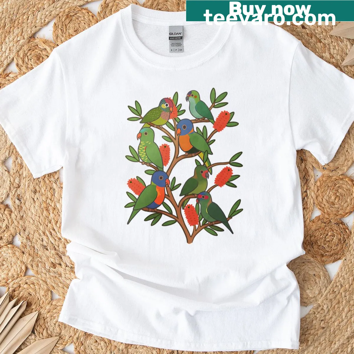 T-shirt featuring illustration of Australian lorikeet parrots. — on a men's t-shirt