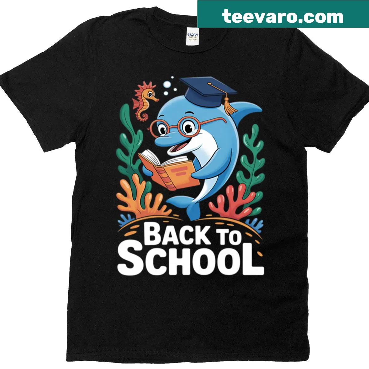 Funny back-to-school T-shirt with dolphin and seahorse graphic — on a men's t-shirt