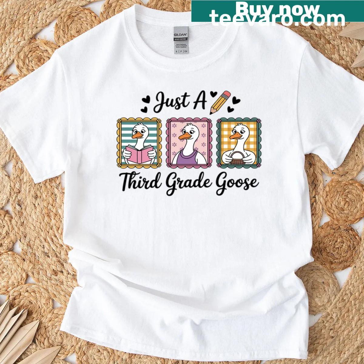 Funny back-to-school t-shirt for kids with cartoon goose graphic — on a men's t-shirt