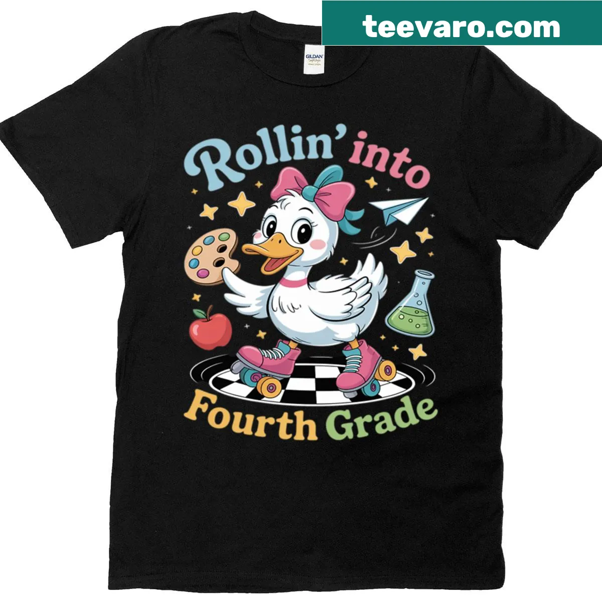 Cartoon T-shirt featuring a goose skating into fourth grade — on a men's t-shirt