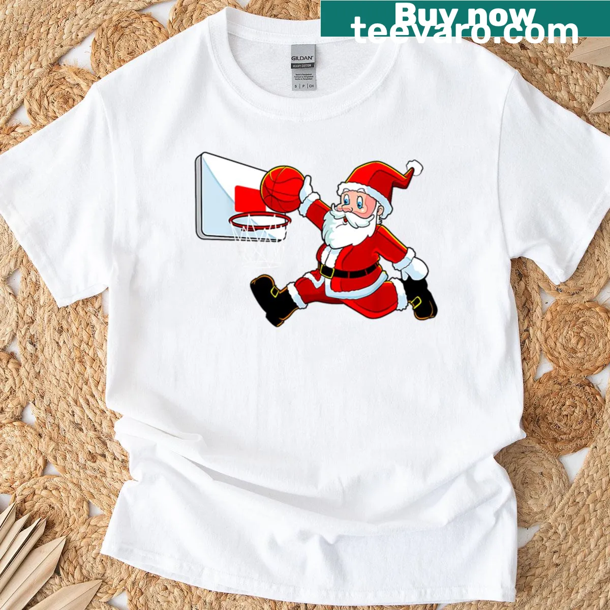 Santa Claus slam dunking in Christmas-themed basketball illustration — on a men's t-shirt