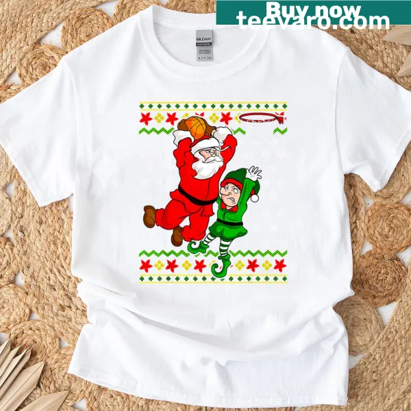 Christmas T-shirt featuring Santa and an elf making a slam dunk