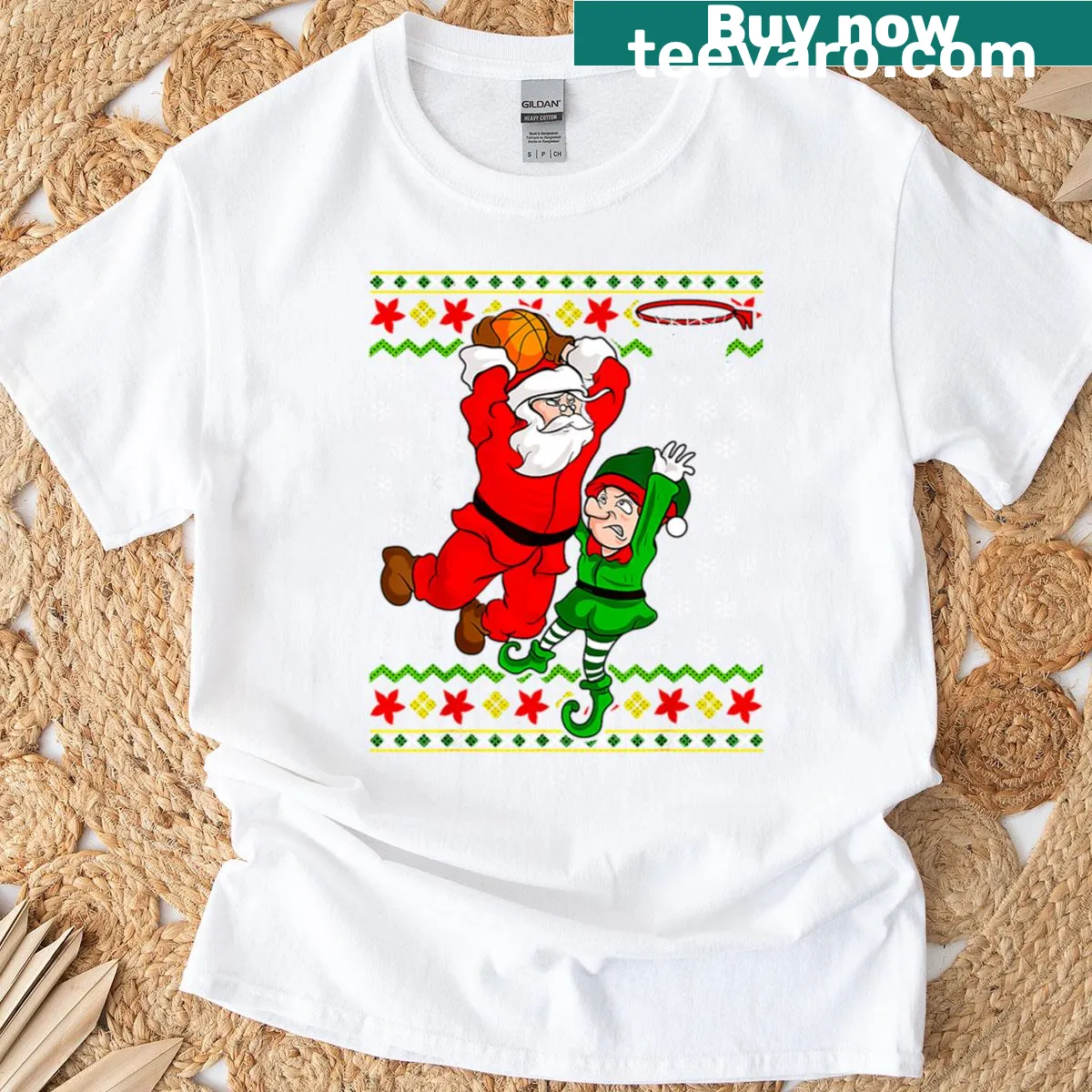 Christmas T-shirt featuring Santa and an elf making a slam dunk — on a men's t-shirt