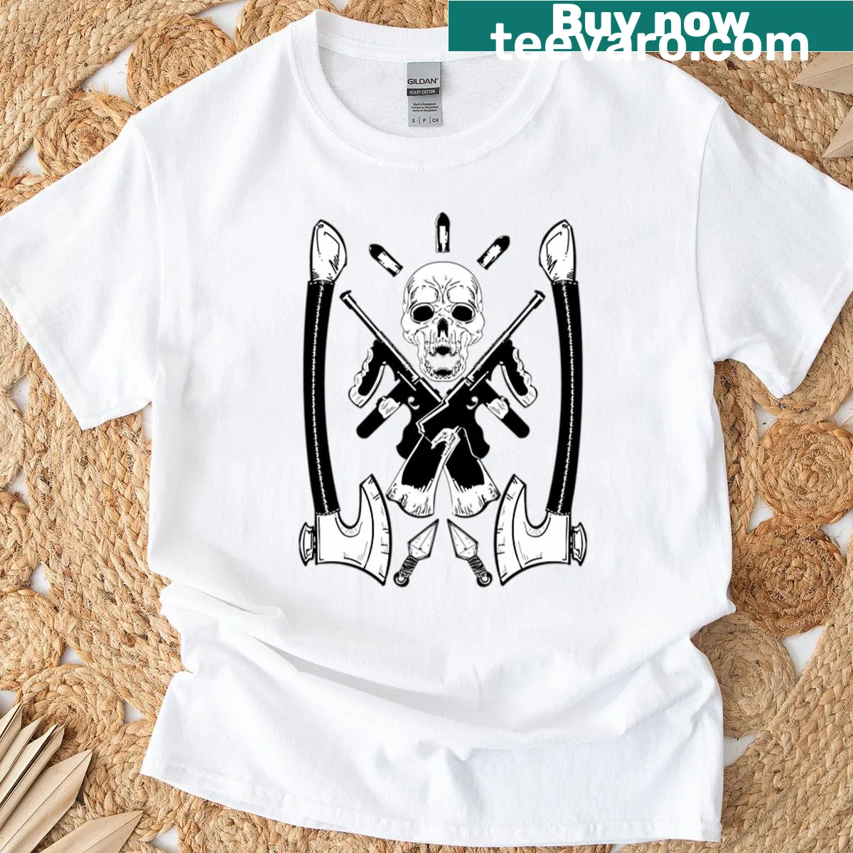 Detailed skull graphic t-shirt with an edgy battle theme — on a men's t-shirt